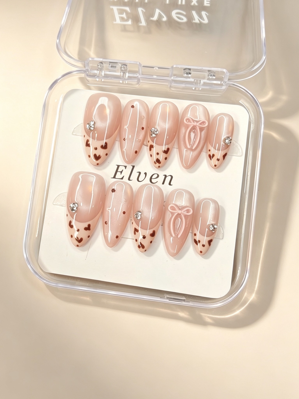 Nude Pink Cat Eye French Tip Almond Press On Nails With Hearts, Bows & Crystals